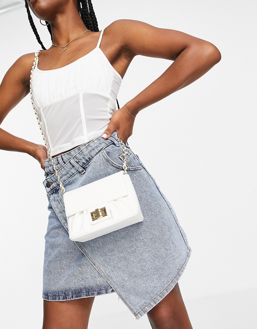 ASOS DESIGN ruched crossed body bag with chain strap in white