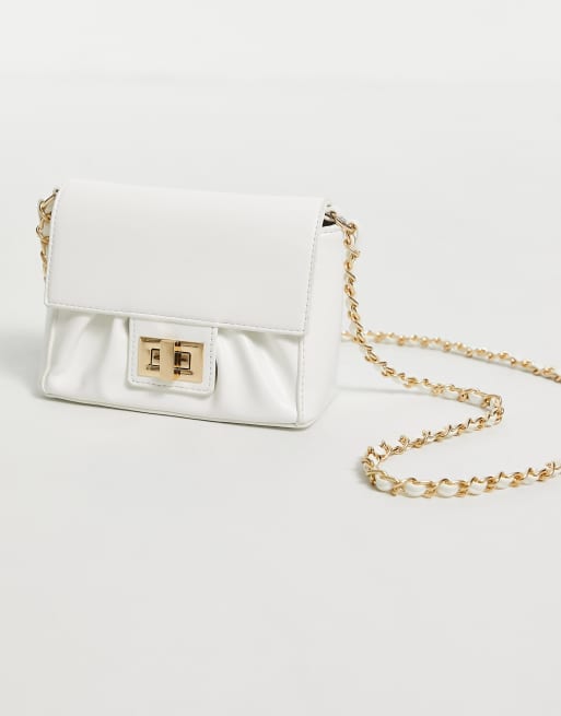 ASOS DESIGN ruched crossed body bag with chain strap in white