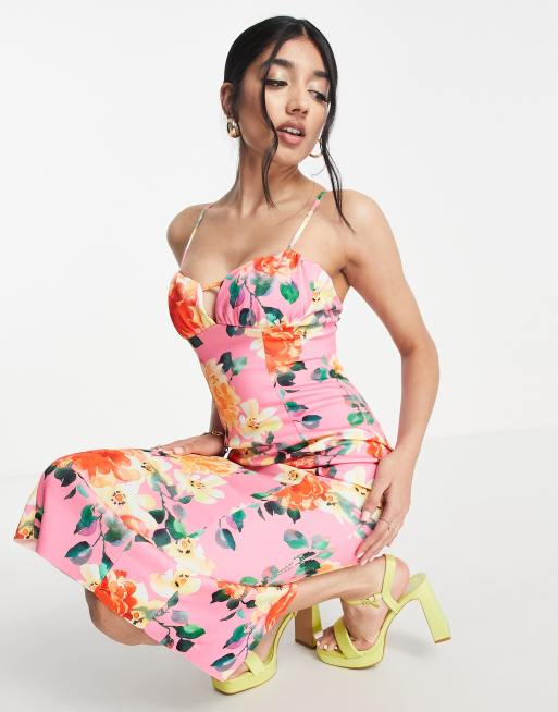 ASOS DESIGN mesh ruched bodycon bandeau flared hem midi dress in floral  print