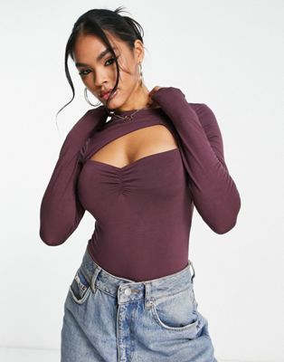 ASOS DESIGN ruched cut out bodysuit in aubergine