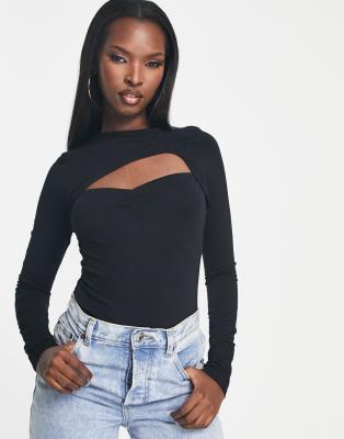 Asos Design Ruched Cut Out Bodysuit In Black