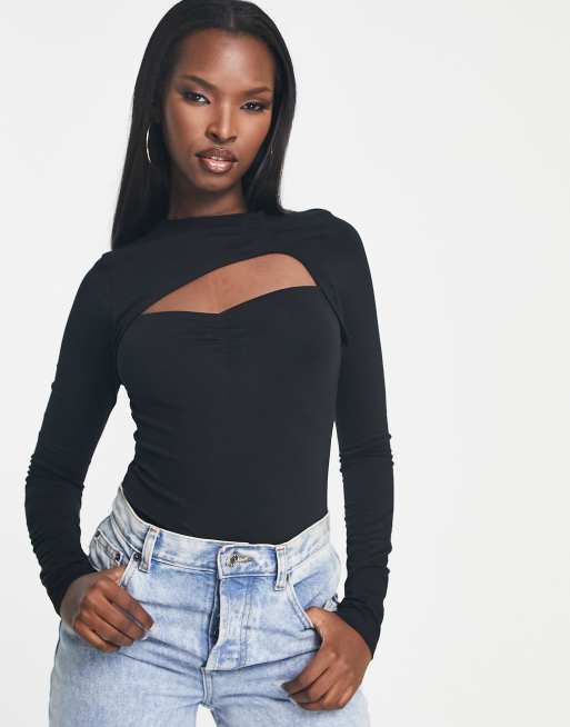 ASOS DESIGN wrap long sleeve bodysuit in black