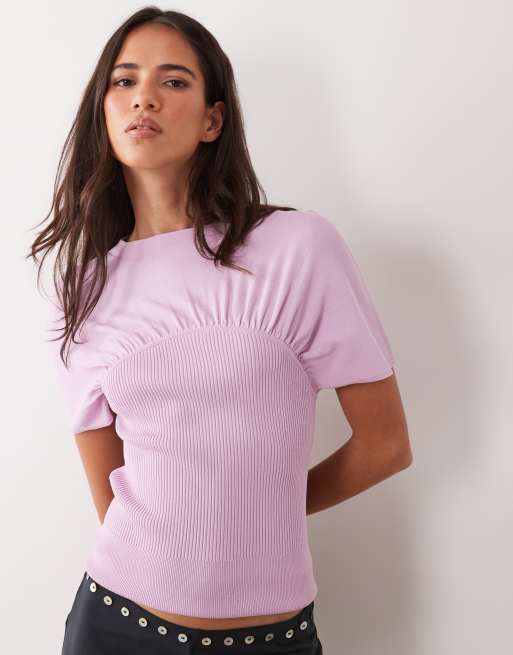 ASOS DESIGN ruched detail fine knit short sleeve top in light pink, 3 of 4