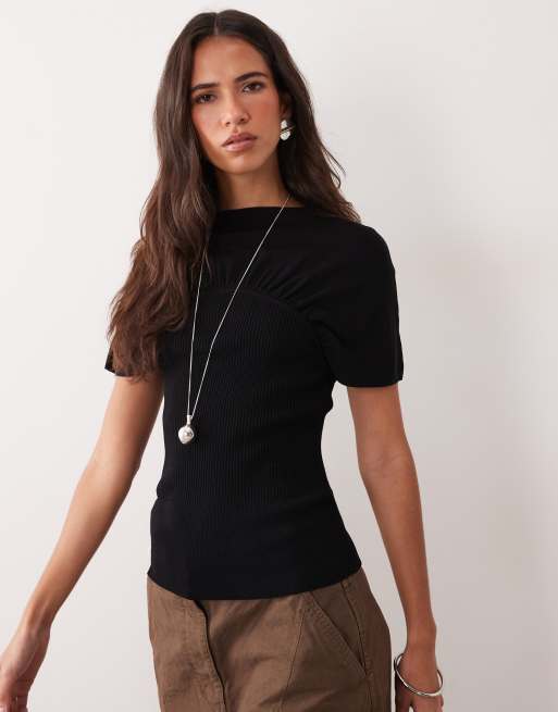 ASOS DESIGN ruched detail fine knit top in black, 3 of 4
