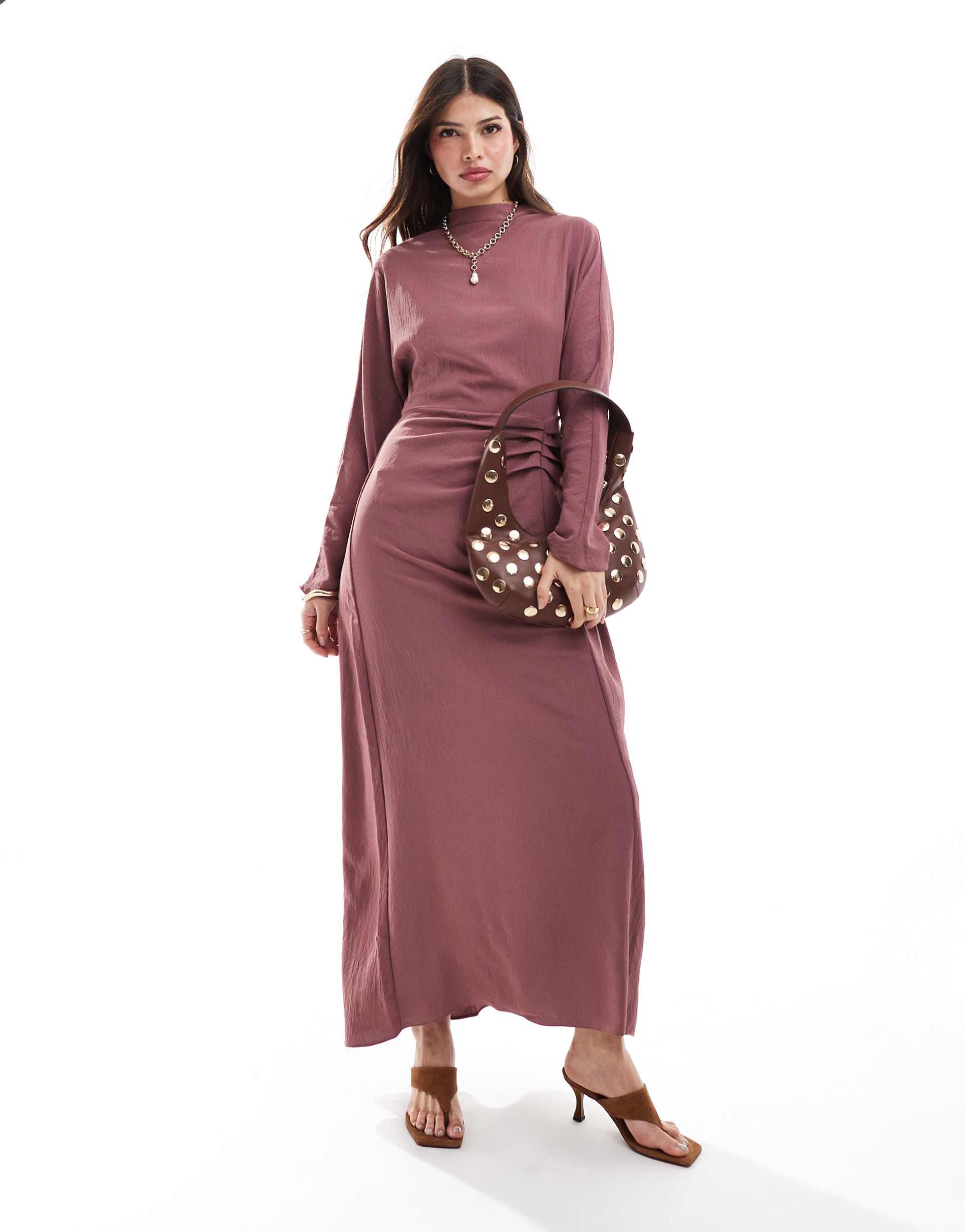 asos design ruched detail long sleeve maxi dress in washed burgundy