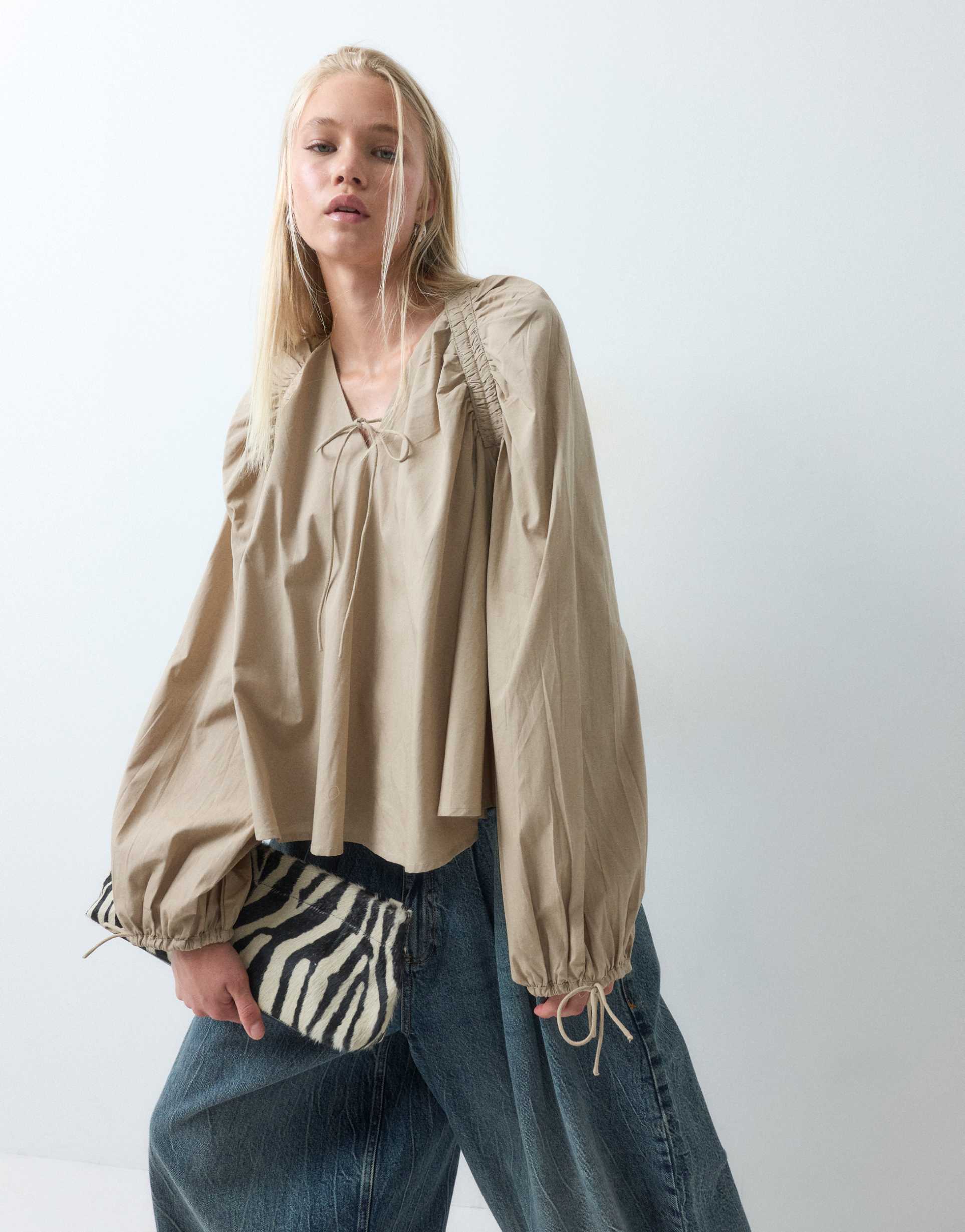 asos design ruched detail long sleeve top in stone