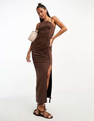 ASOS DESIGN ruched detail midi dress with contrast strap in chocolate-Brown  | Smart Closet