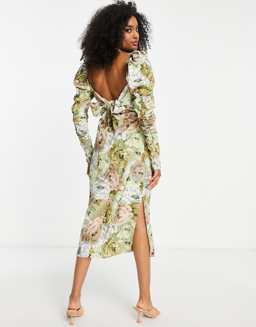 ASOS DESIGN ruched detail midi dress with wrap bodice in floral print-Multi