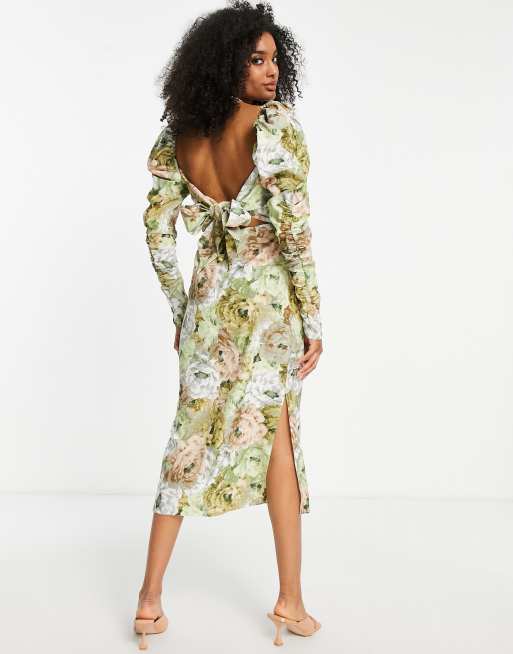 ASOS DESIGN ruched detail midi dress with wrap bodice in floral print