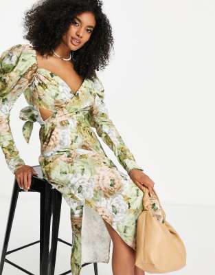 Asos design wrap detail midi dress with long outlet sleeves