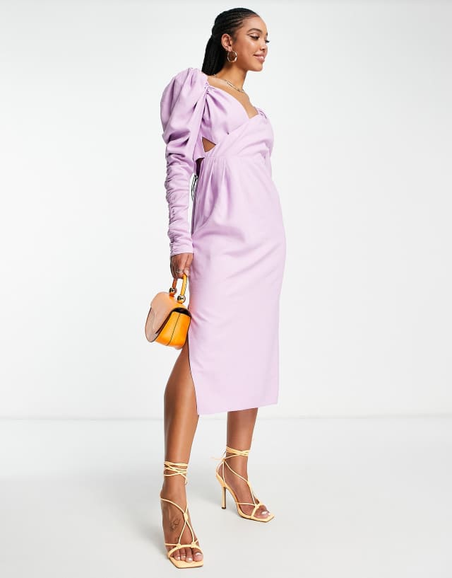 ASOS DESIGN ruched detail midi dress with wrap bodice in lilac