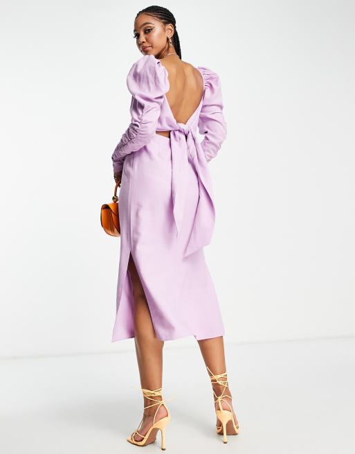 ASOS DESIGN ruched detail midi dress with wrap bodice in lilac