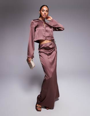 Asos Design Ruched Detail Satin Maxi Skirt In Brown