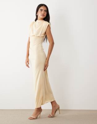Asos Design Ruched Detail Shoulder Pad Midi Dress In Yellow