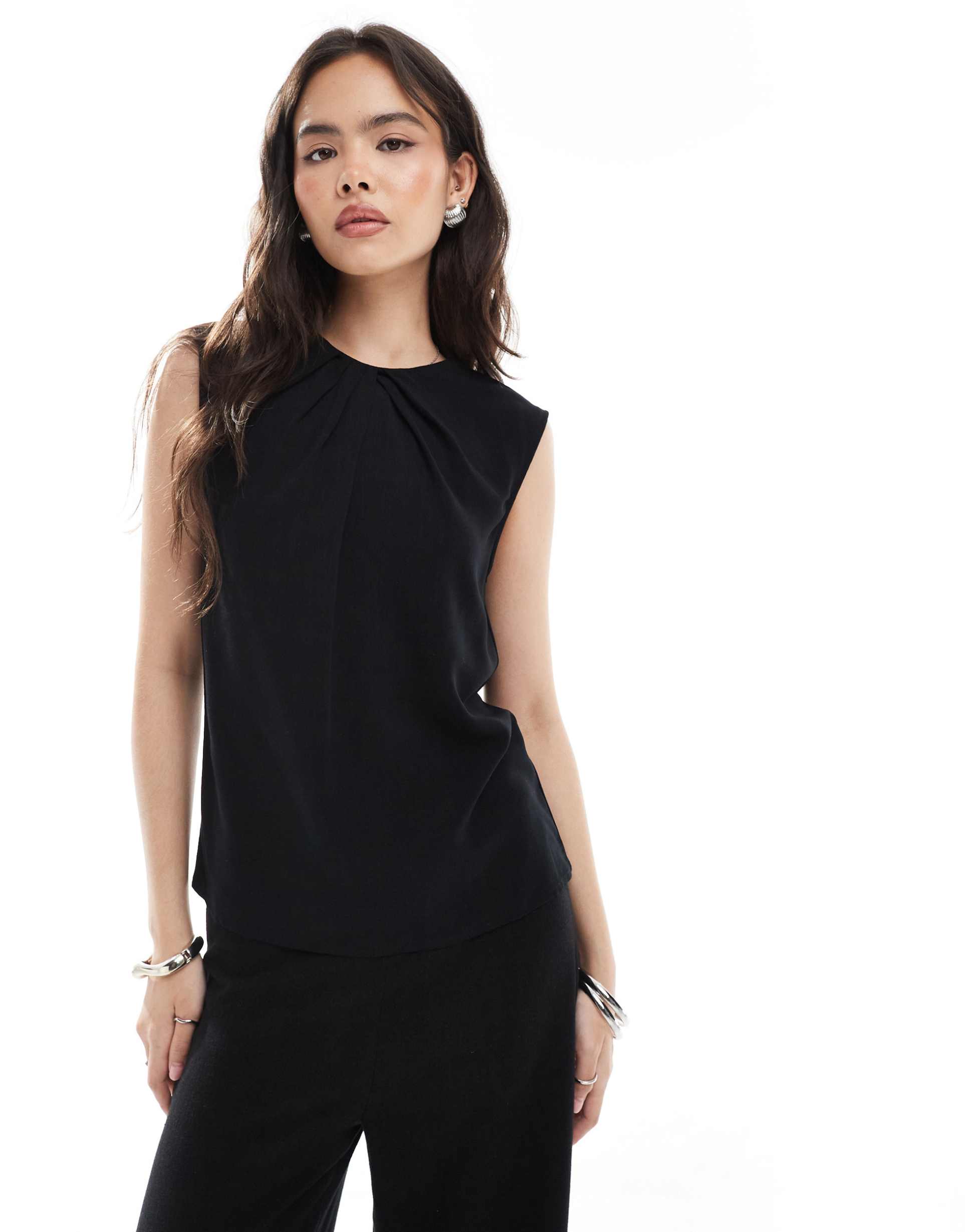 asos design ruched detail sleeveless top in linen blend in black - part of a set