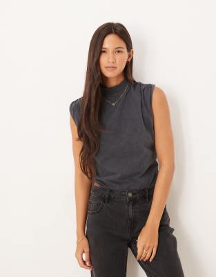 ruched detail tank bodysuit in washed charcoal-Gray