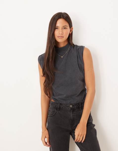 ASOS DESIGN ruched detail tank bodysuit in washed charcoal - view 1