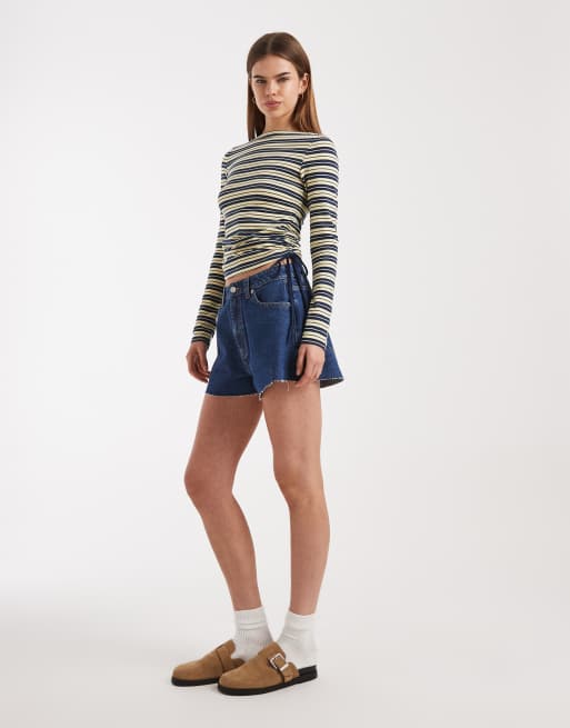 ASOS DESIGN ruched detail tie side boat neck long sleeve top in buttermilk and navy stripe, 2 of 4