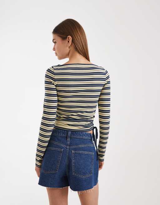 ASOS DESIGN ruched detail tie side boat neck long sleeve top in buttermilk and navy stripe, 4 of 4