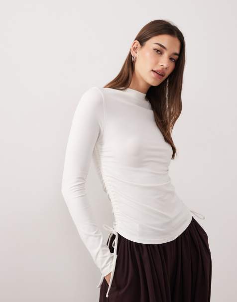 ASOS DESIGN ruched detail tie side high neck long sleeve top in cream - view 1