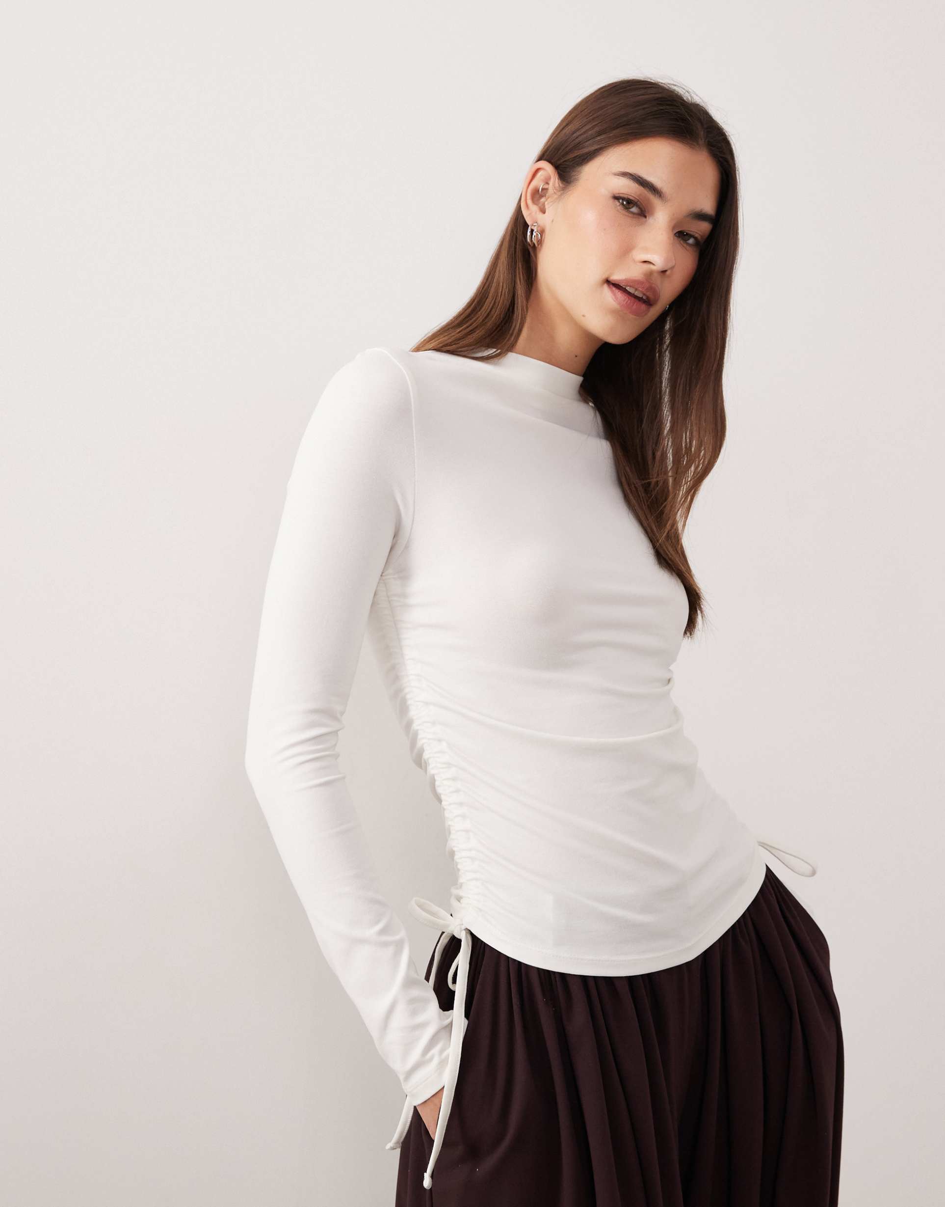 asos design ruched detail tie side high neck long sleeve top in cream