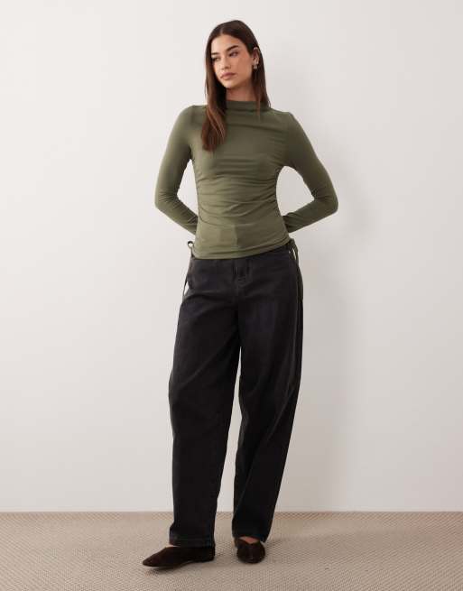 ASOS DESIGN ruched detail tie side high neck long sleeve top in olive, 2 of 4