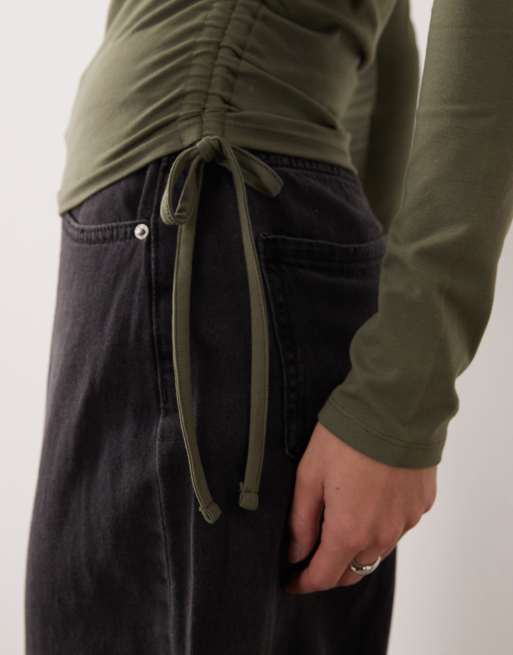 ASOS DESIGN ruched detail tie side high neck long sleeve top in olive, 3 of 4