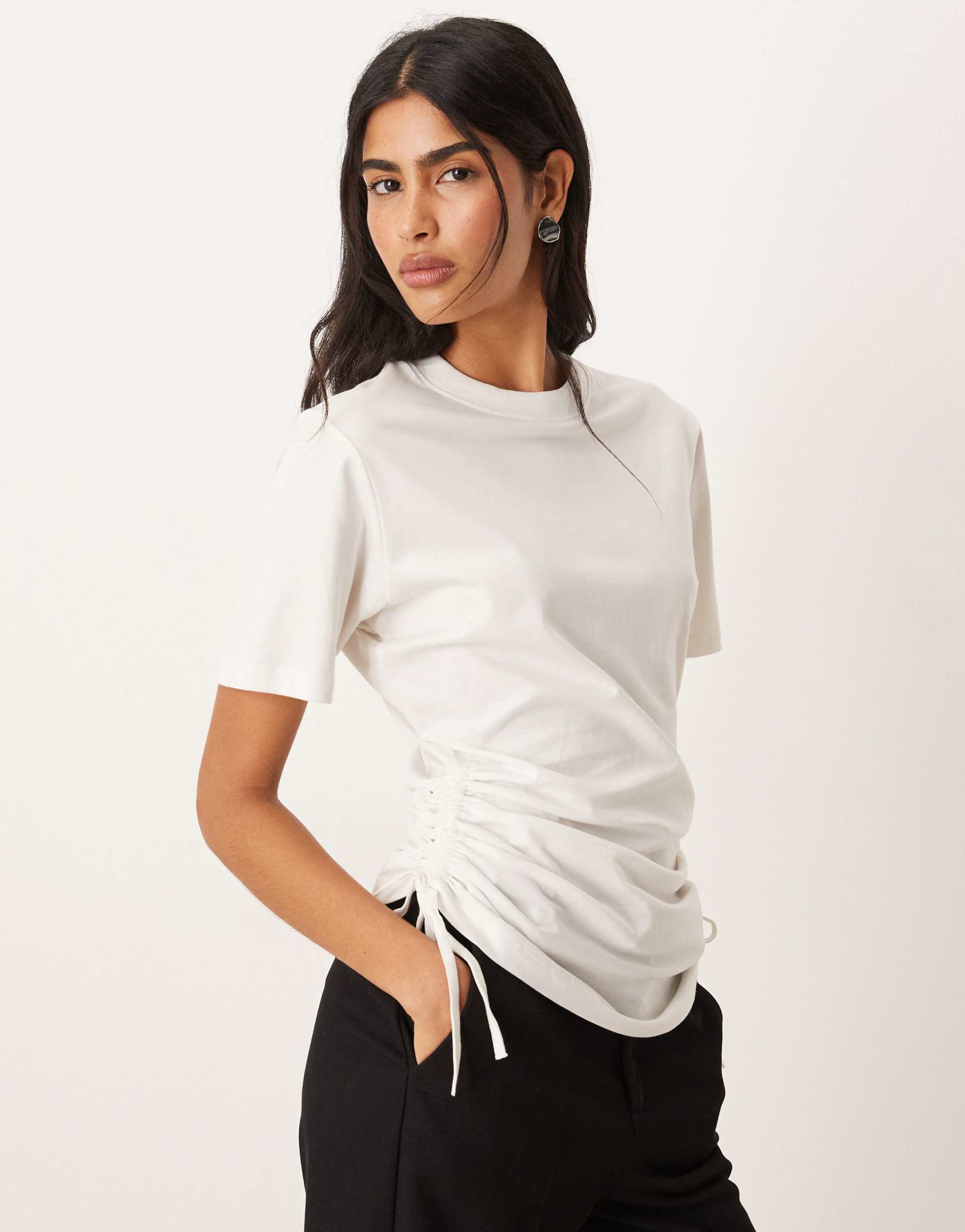 asos design ruched detail tie side short sleeve crew neck tee in cream
