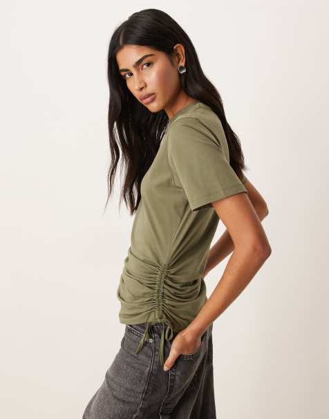 ASOS DESIGN ruched detail tie side short sleeve crew neck tee in olive - view 1