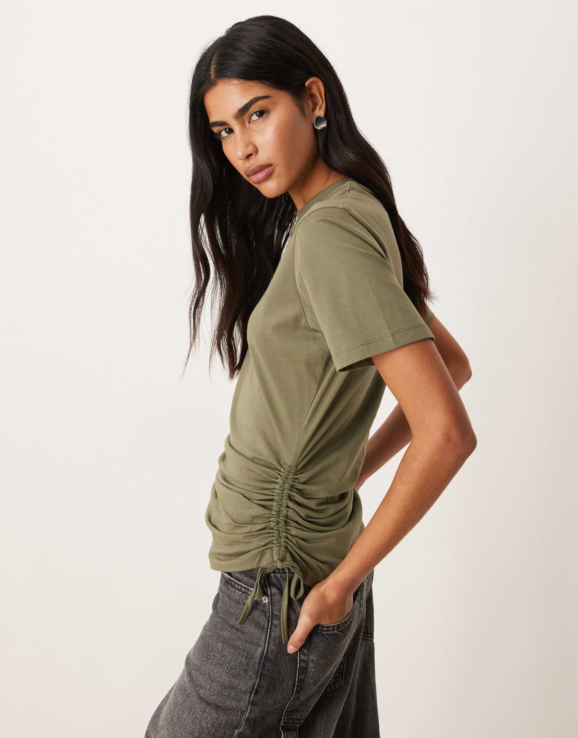 asos design ruched detail tie side short sleeve crew neck tee in olive