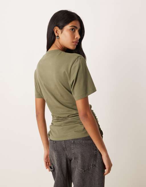 ASOS DESIGN ruched detail tie side short sleeve crew neck tee in olive, 4 of 4