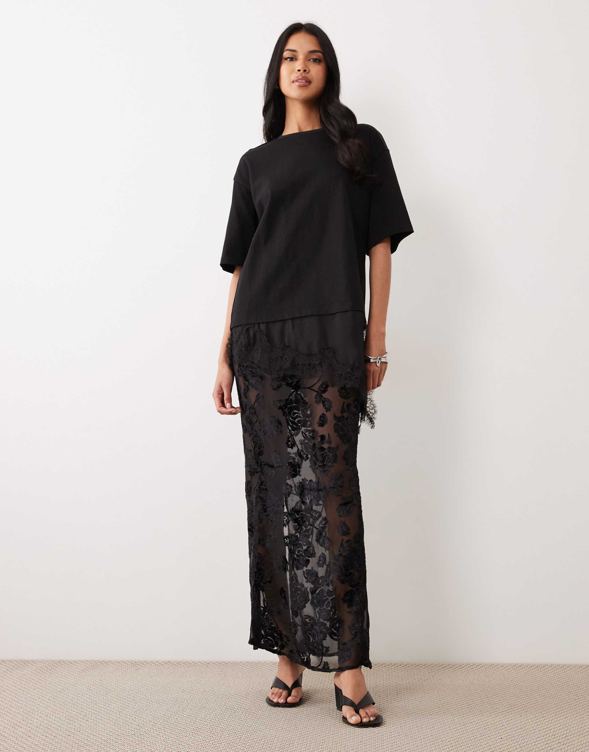 asos design ruched detailing floral burnout maxi skirt in black