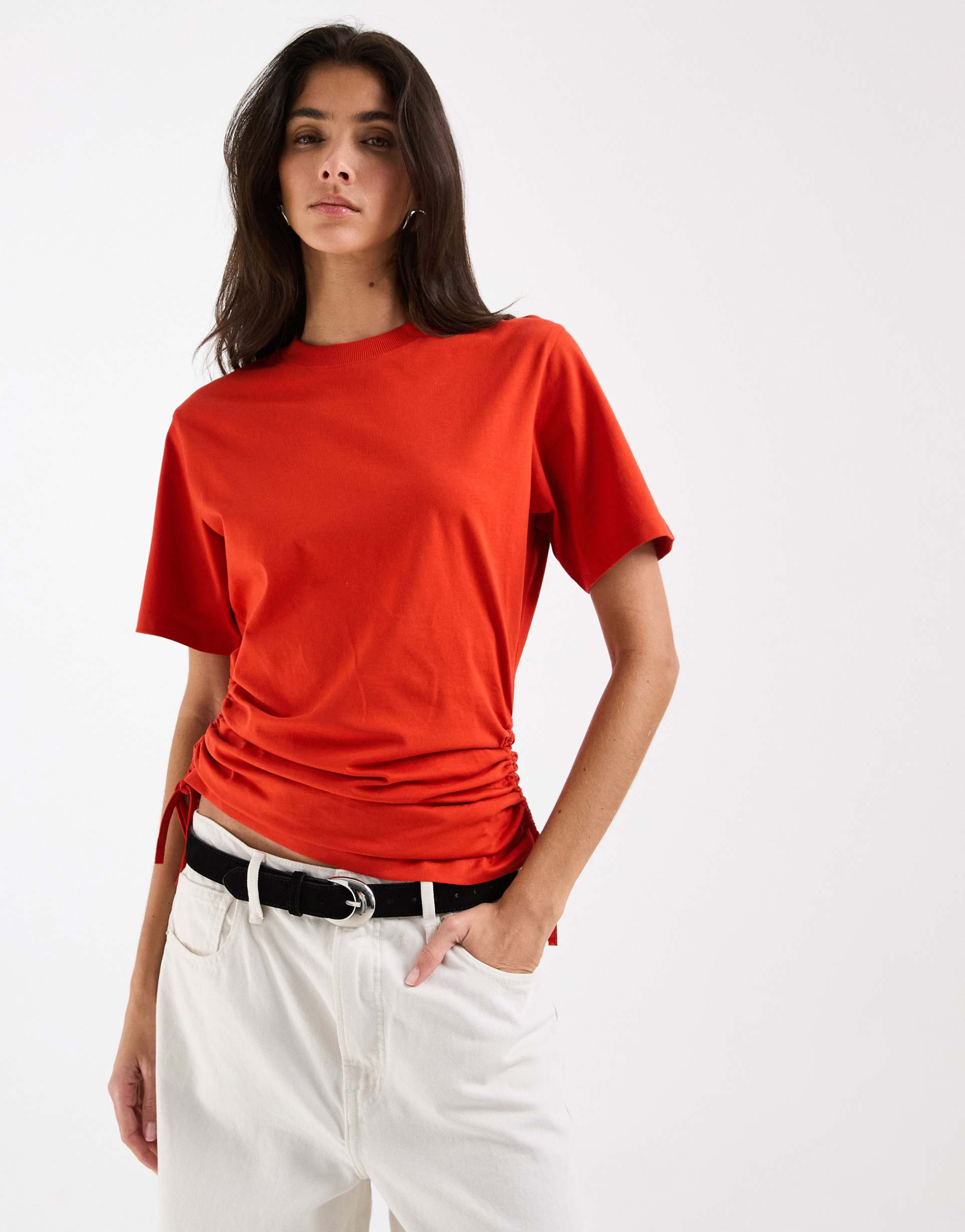 asos design ruched detailing tie side short sleeve crew neck tee in red