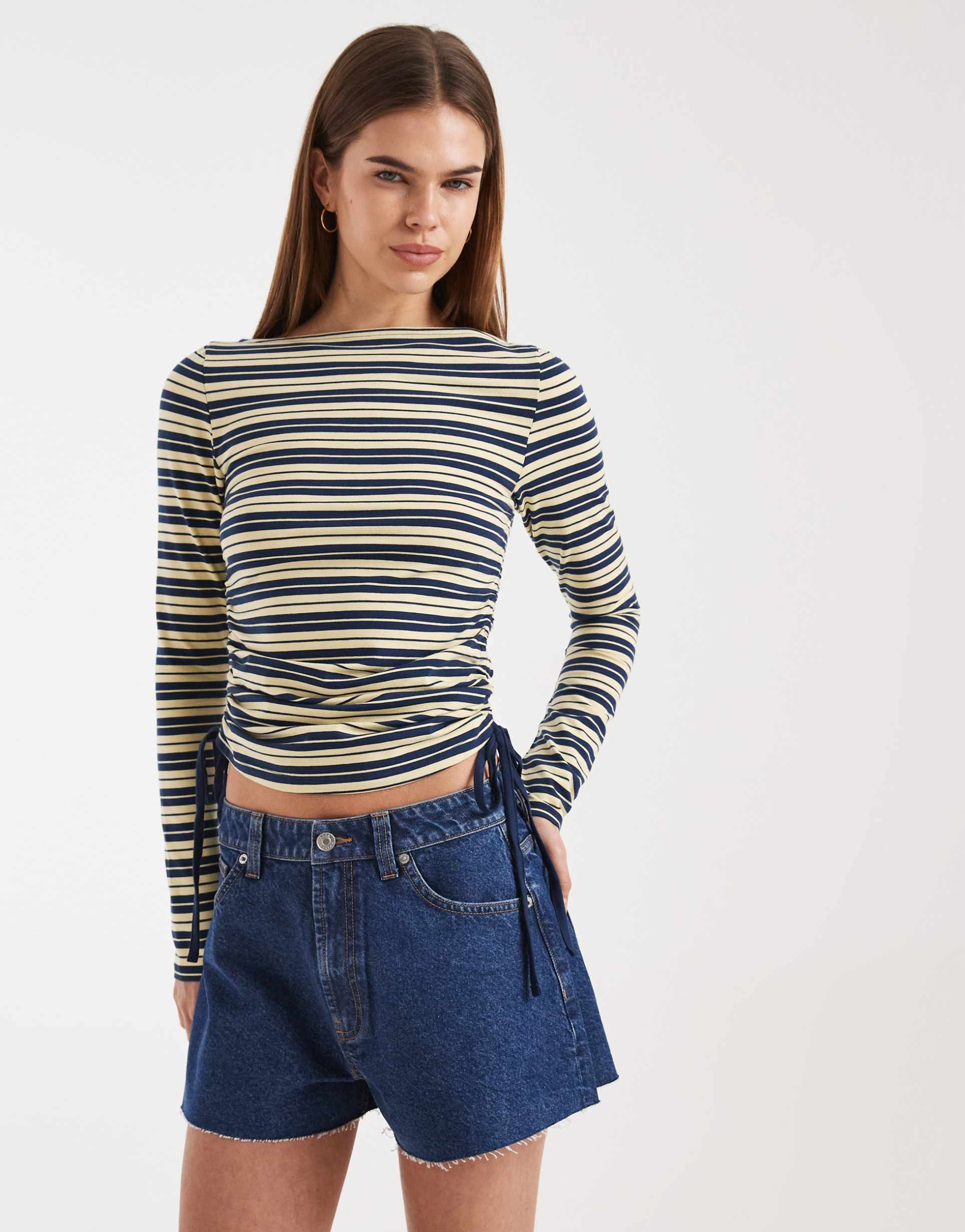 asos design ruched detailing tie sides boat neck long sleeve top in buttermilk and navy stripes