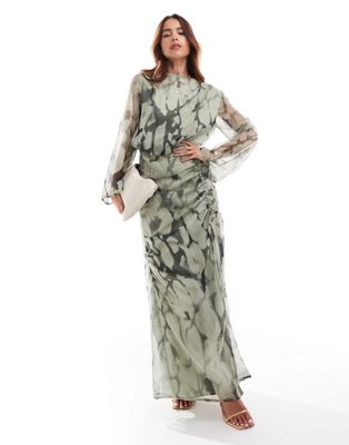 Asos Design Ruched Drape Detail Maxi Dress In Green Marble Print-multi