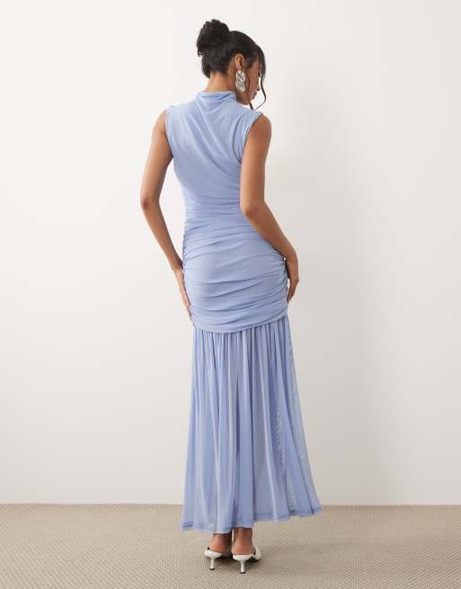 ASOS DESIGN ruched drop waist circle dress with grown in neck in baby blue, 2 of 4