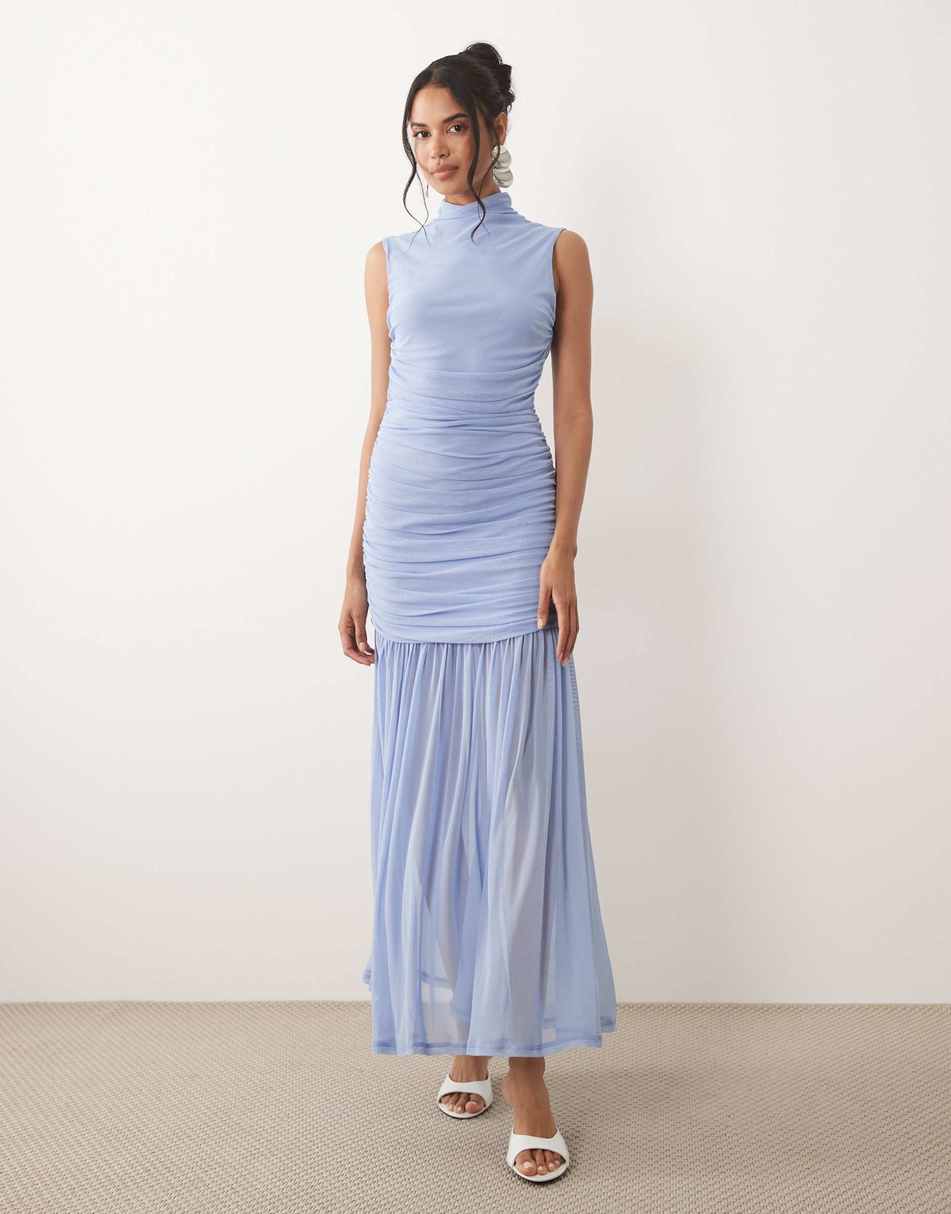 asos design ruched dropped waist circle skirted dress with grown on neck in baby blue