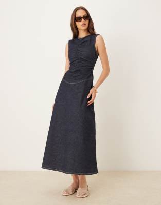 Asos Design Ruched Dropped Waist Denim Dress With Short Sleeves In Blue