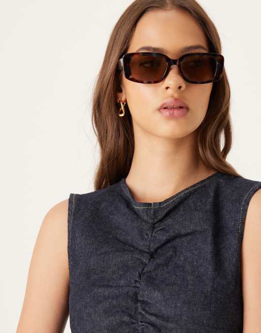 ASOS DESIGN ruched dropped waist denim dress with short sleeves in rinse wash