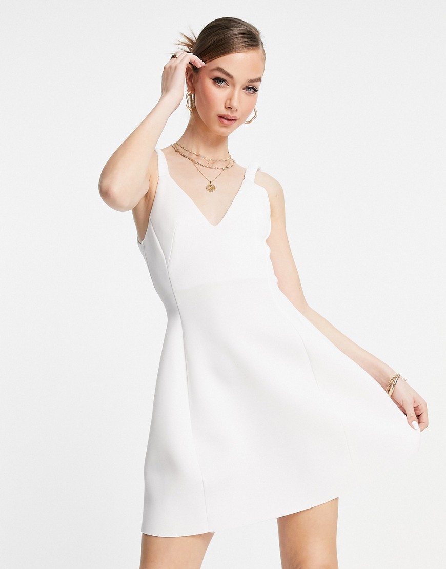 ASOS DESIGN ruched elastic skater mini dress in ivory-White