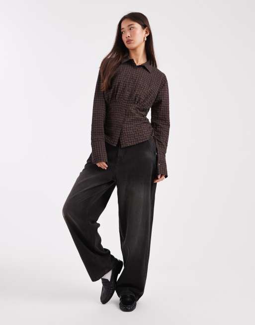 ASOS DESIGN ruched fitted shirt in brushed plaid