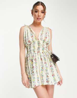 ASOS DESIGN ruched flippy playsuit in linear floral - ASOS Price Checker