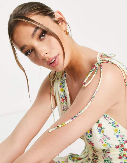 ASOS DESIGN ruched flippy romper in linear floral, 3 of 4