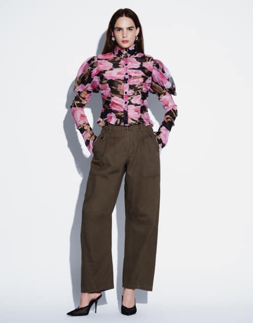 ASOS DESIGN ruched floral blouse in dark based floral, 2 of 9
