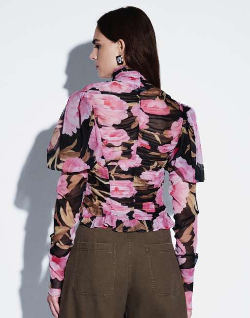 ASOS DESIGN ruched floral blouse in dark based floral, 3 of 9