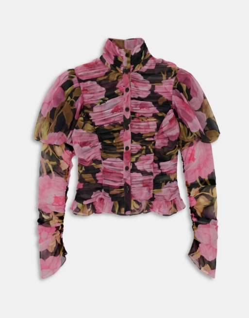 ASOS DESIGN ruched floral blouse in dark based floral, 6 of 9