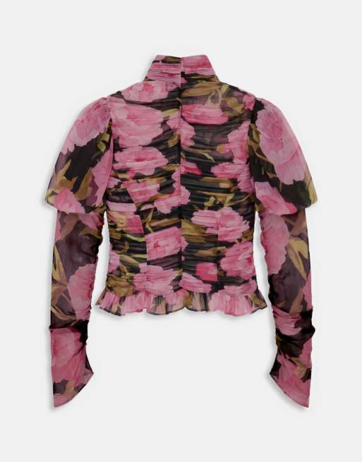 ASOS DESIGN ruched floral blouse in dark based floral, 7 of 9