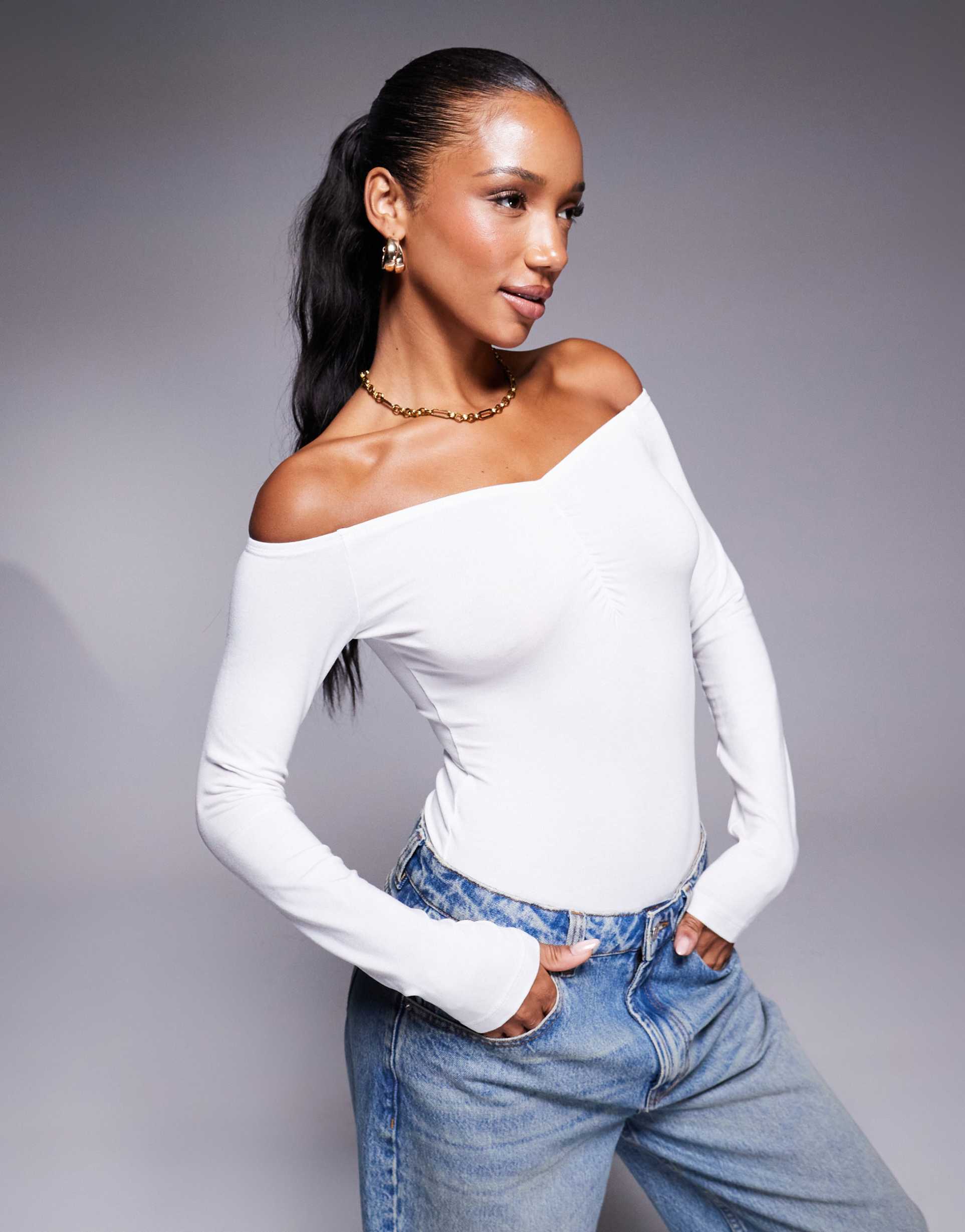 asos design ruched front bardot bodysuit in white