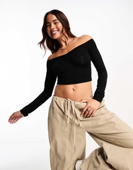 Black ruched detail bardot cheap long sleeve crop top