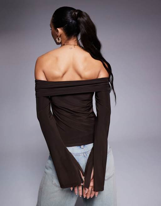 ASOS DESIGN ruched front bardot top in chocolate, 4 of 4